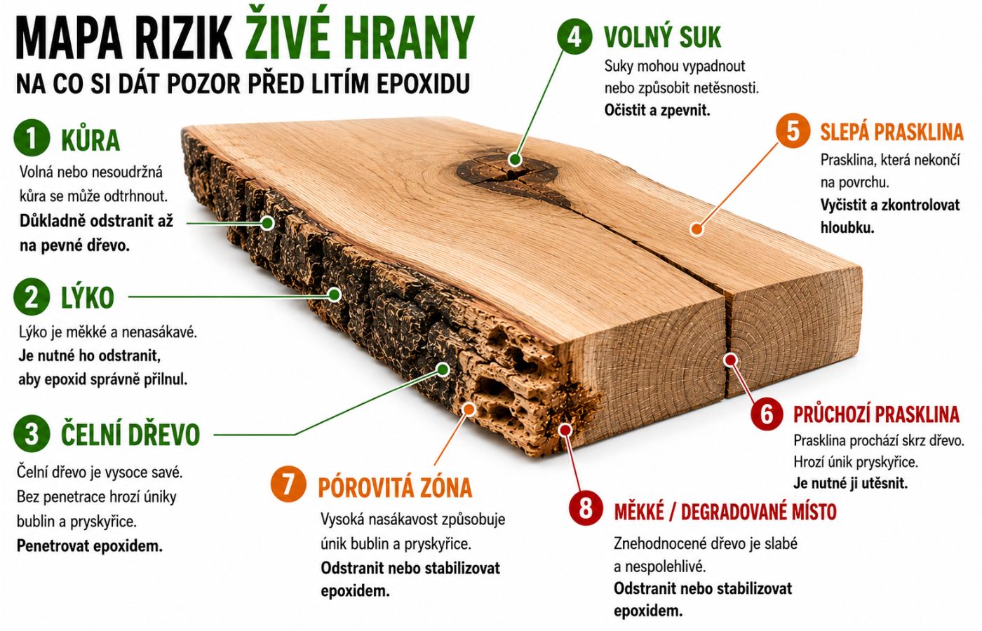 Mapa rizik živé hrany dřeva před zalitím epoxidem